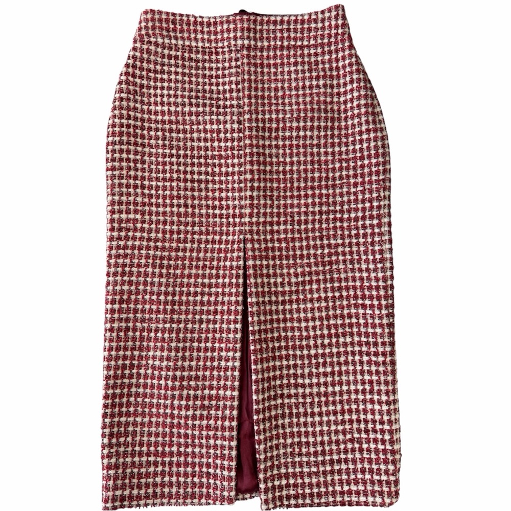 Mixed Red and White Tweed Midi Pencil Skirt with Front Slit and back zipper 36